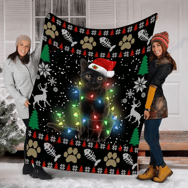 litzzy Black Cat Kitten Ugly Christmas AM2810572CL Sherpa Fleece Blanket Sherpa Fleece Blanket   