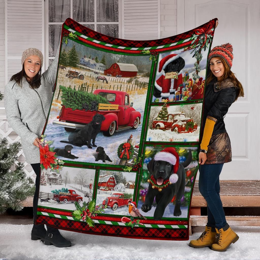 litzzy Black Labrador Red Truck Christmas CLM3010042S Sherpa Fleece Blanket Sherpa Fleece Blanket   
