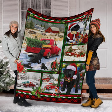 litzzy Black Labrador Red Truck Christmas CLM3010042S Sherpa Fleece Blanket Sherpa Fleece Blanket   