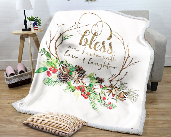 litzzy Bless Our Home Christmas NI1310071KL Sherpa Fleece Blanket Sherpa Fleece Blanket   