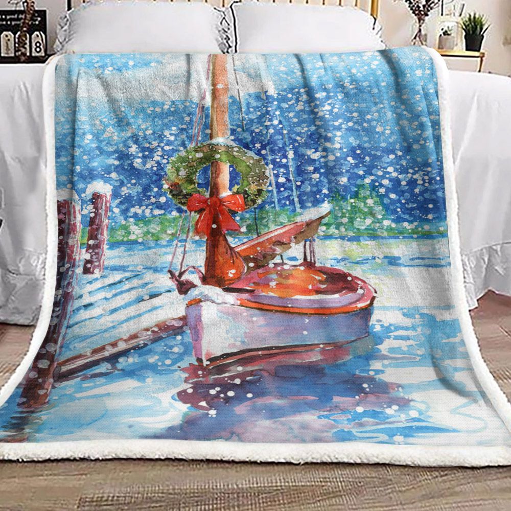 litzzy Boat In Snow Christmas HN0611032F Sherpa Fleece Blanket Sherpa Fleece Blanket   