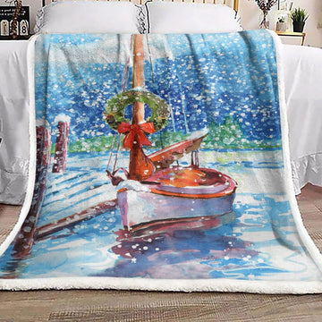 litzzy Boat In Snow Christmas HN0611032F Sherpa Fleece Blanket Sherpa Fleece Blanket   