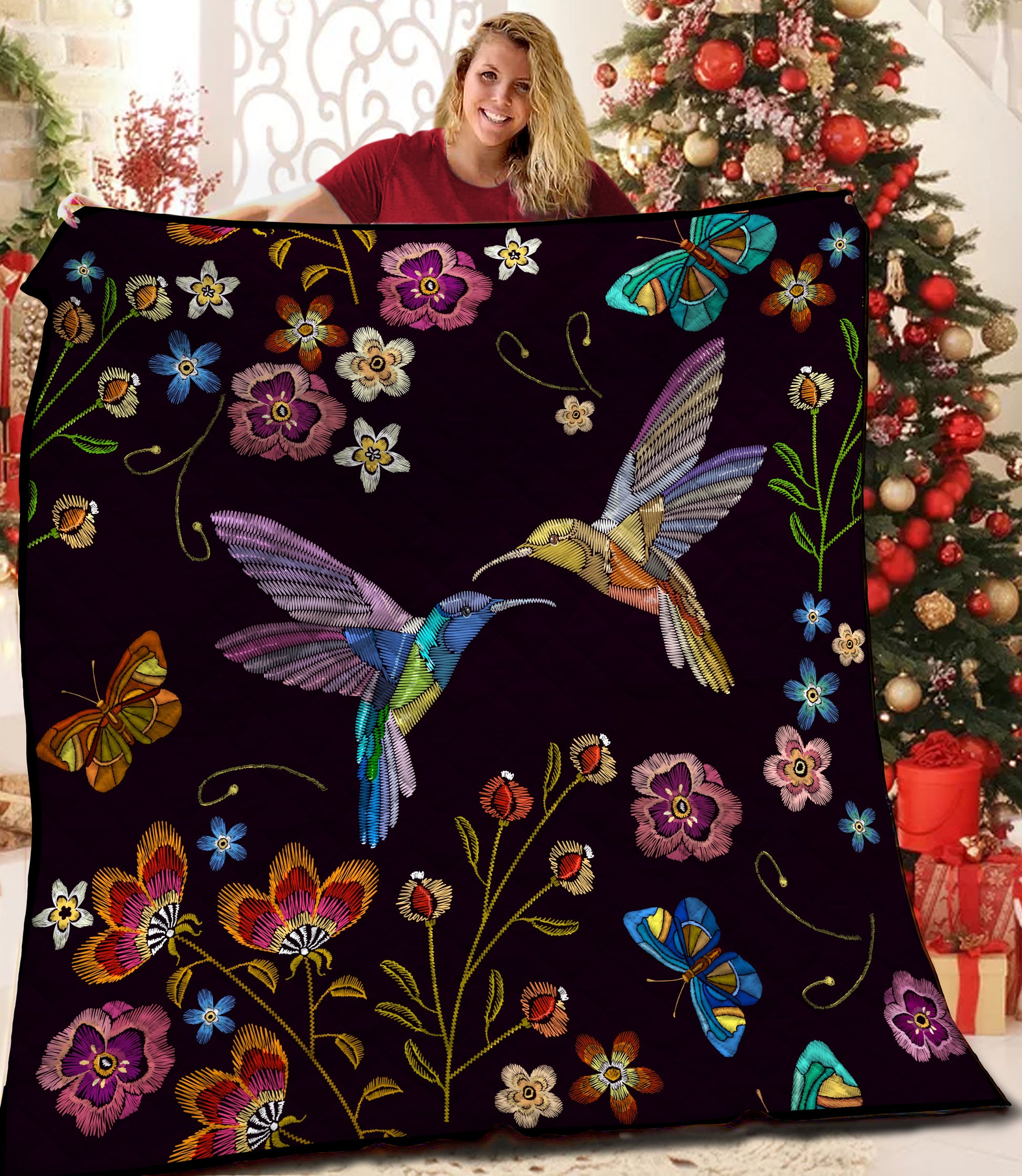 litzzy Bohemian Hummingbird Fleece Blanket HST19103623 Quilt Blanket   