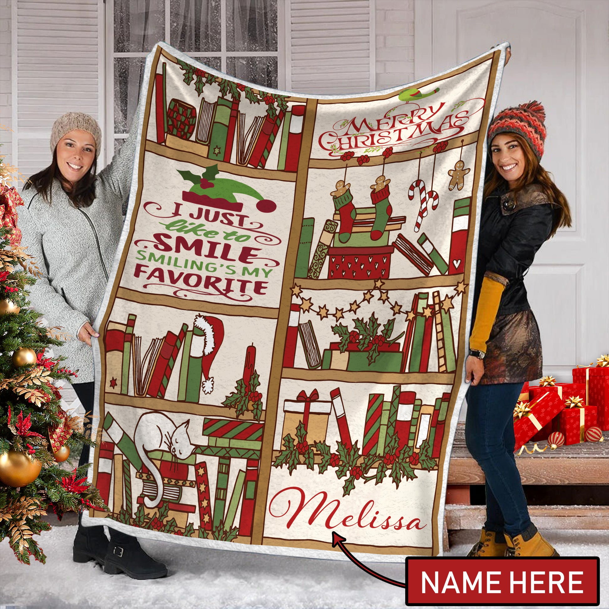 litzzy Bookshelf Cat Christmas Personalized DTH171110HD Fleece Blanket Sherpa Fleece Blanket   