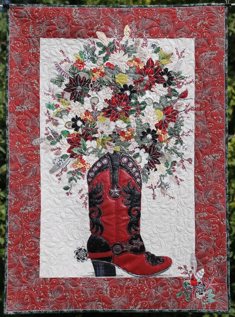 litzzy Boot Cut Christmas Blooms Western Cowboy CLY3112019 Fleece Blanket Quilt Blanket   