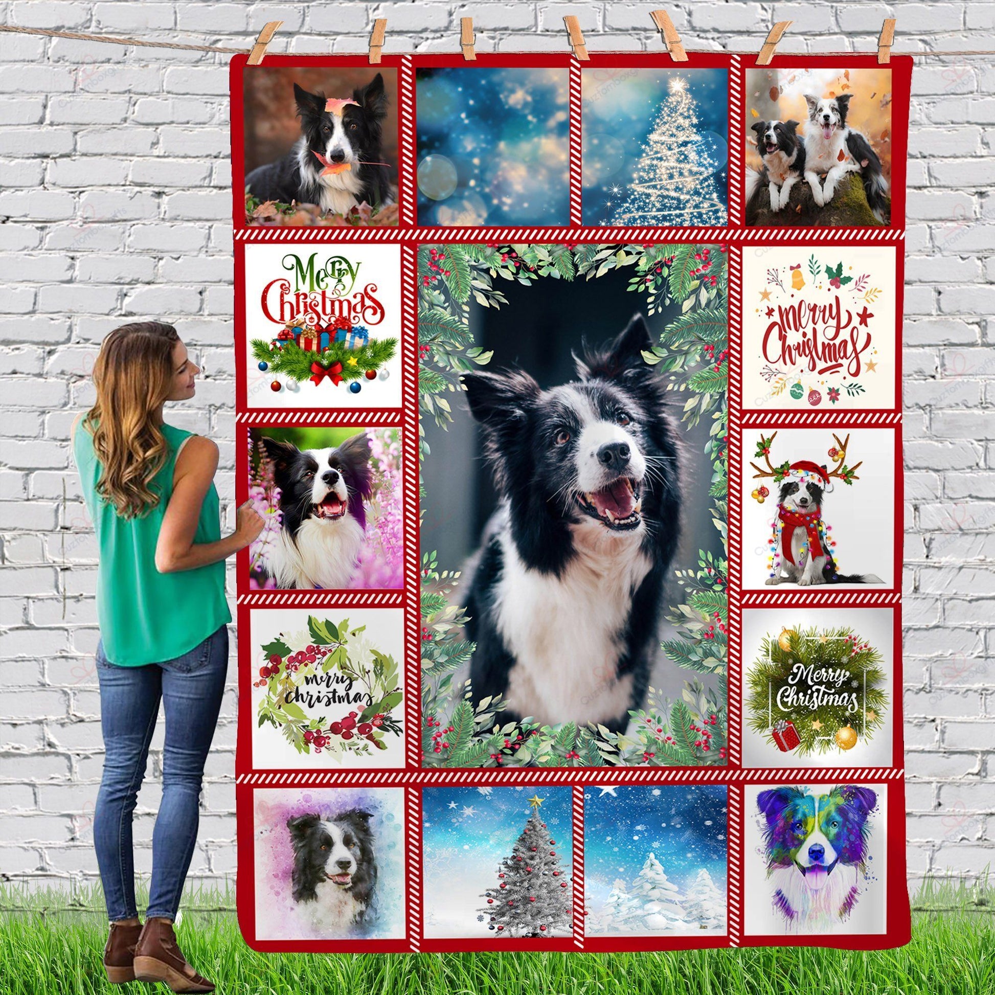 litzzy Border Collie Gorgeous Merry Christmas Dog Reindeer Xmas TH0911060CL Sherpa Fleece Blanket fleece blanket   