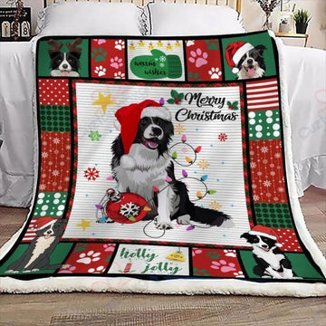litzzy Border Collie Merry Christmas NC0709025CL Sherpa Fleece Blanket Sherpa Fleece Blanket   
