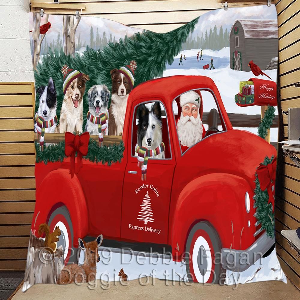 litzzy Border Collie Red Truck Christmas CL18110419MDQ Fleece Blanket Quilt Blanket   