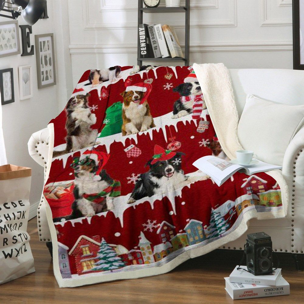 litzzy Border Collie Snow Christmas CL11120234MDF Sherpa Fleece Blanket Sherpa Fleece Blanket   