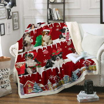 litzzy Border Collie Snow Christmas CL11120234MDF Sherpa Fleece Blanket Sherpa Fleece Blanket   