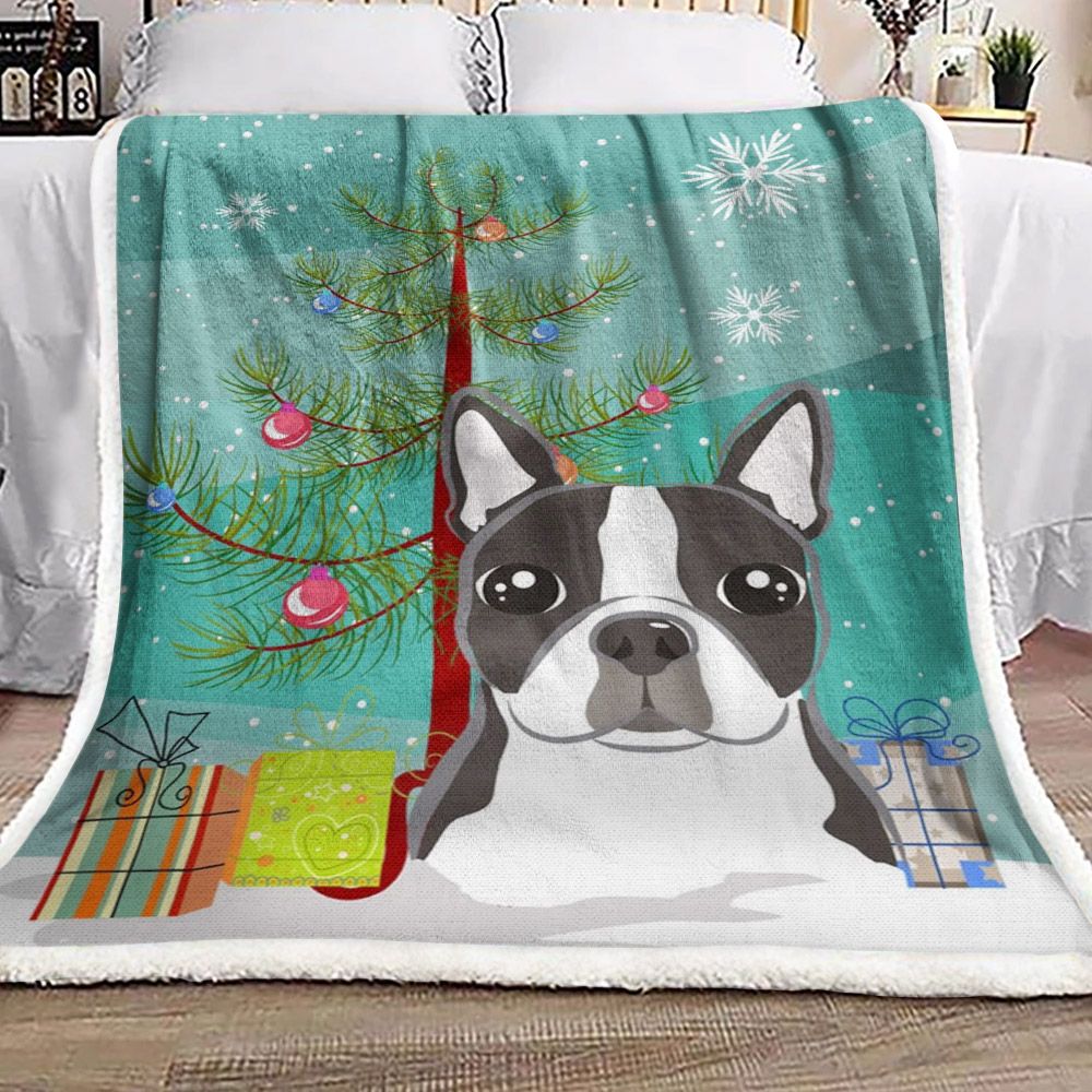 litzzy Boston Terrier Christmas HN101037F Sherpa Fleece Blanket Sherpa Fleece Blanket   