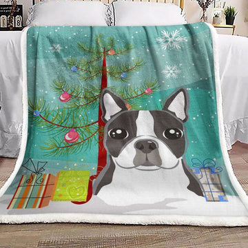 litzzy Boston Terrier Christmas HN101037F Sherpa Fleece Blanket Sherpa Fleece Blanket   