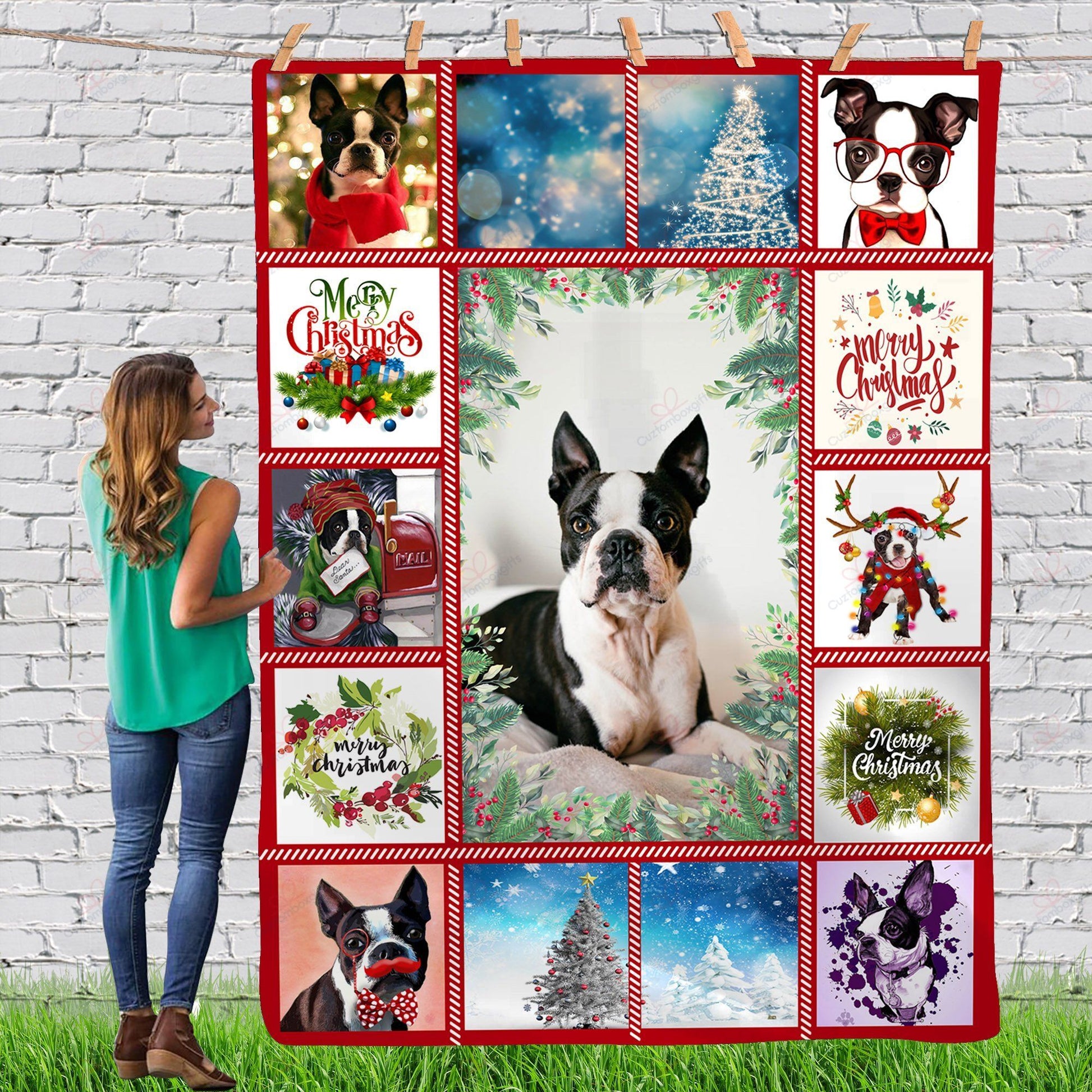 litzzy Boston Terrier Gorgeous Merry Christmas Dog Reindeer Xmas TH0911061CL Sherpa Fleece Blanket fleece blanket   