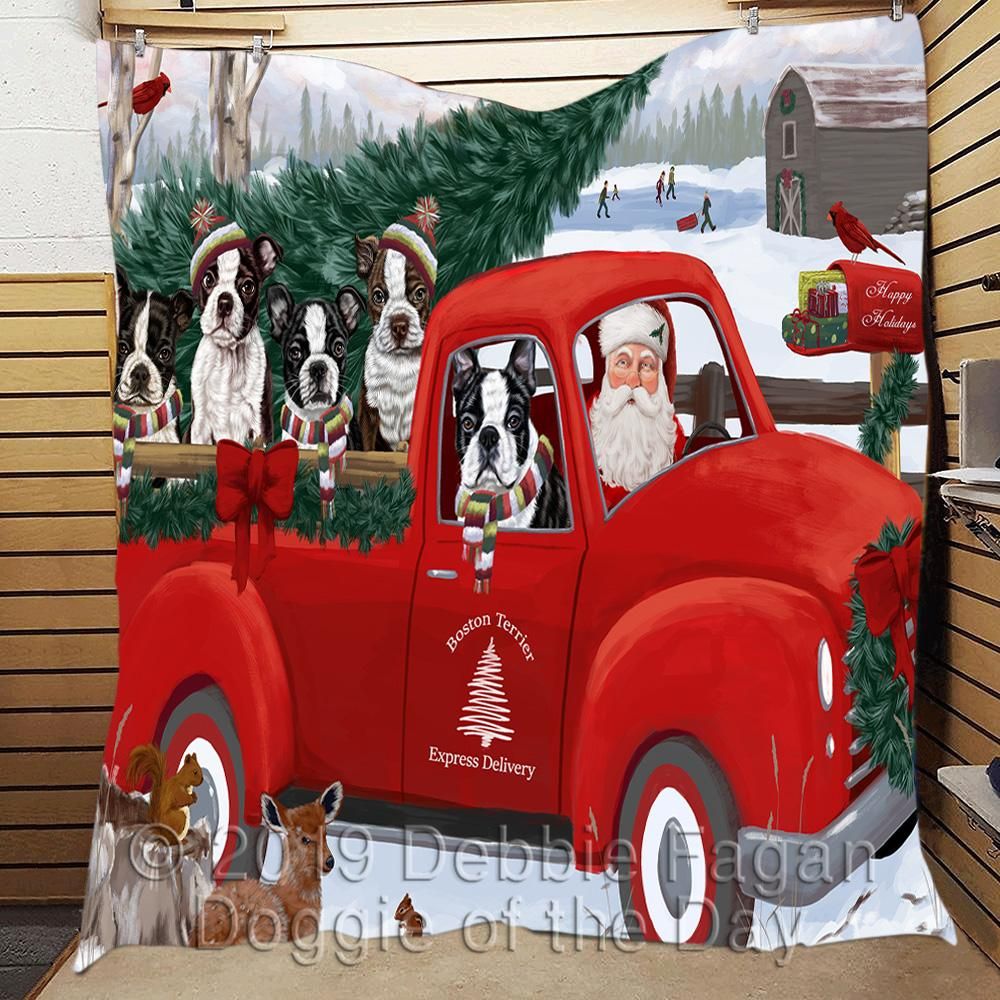 litzzy Boston Terrier Red Truck Christmas CL18110438MDQ Fleece Blanket Quilt Blanket   