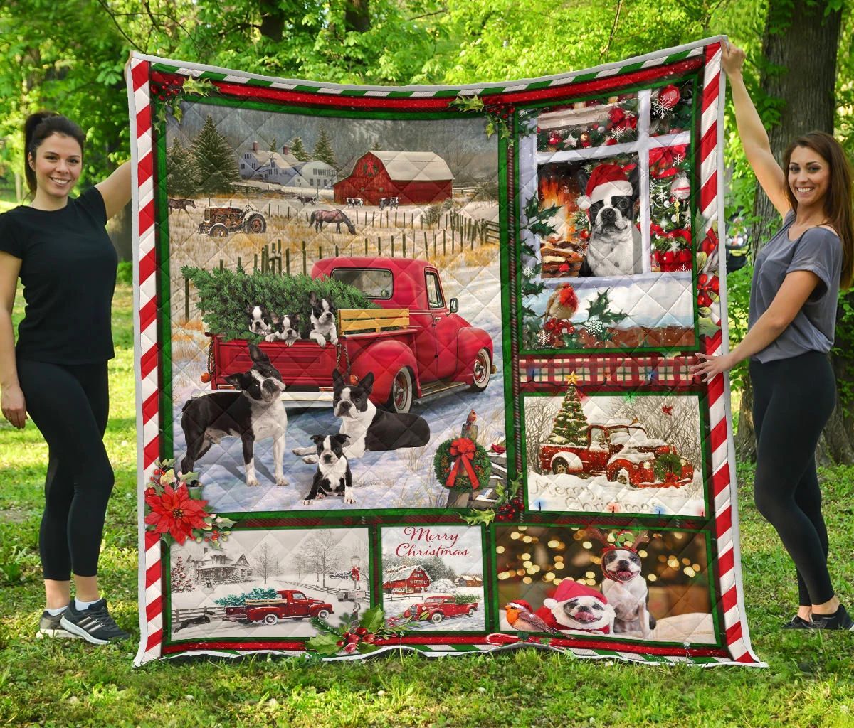 litzzy Boston Terrier Red Truck Christmas CLH1612036Q Fleece Blanket Quilt Blanket   