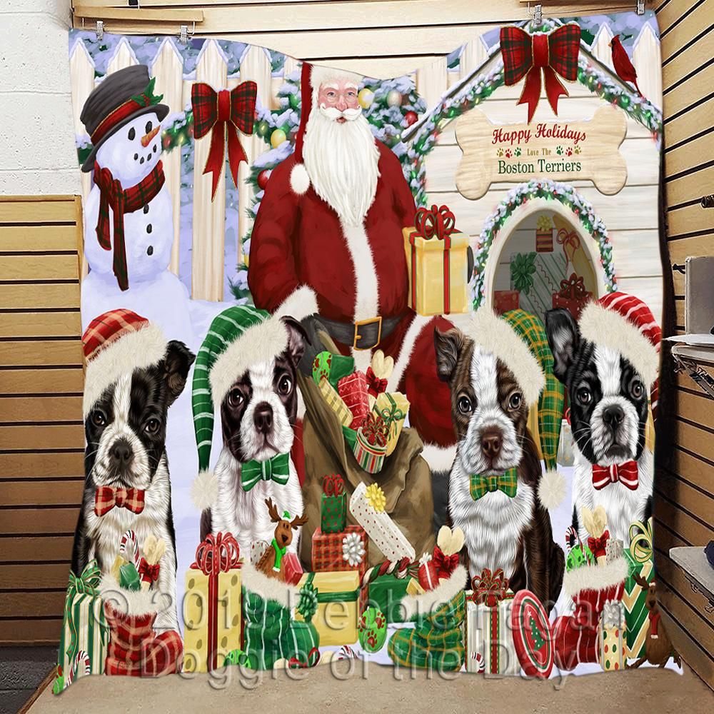 litzzy Boston Terriers Christmas Doghouse CL18110439MDQ Fleece Blanket fleece blanket   