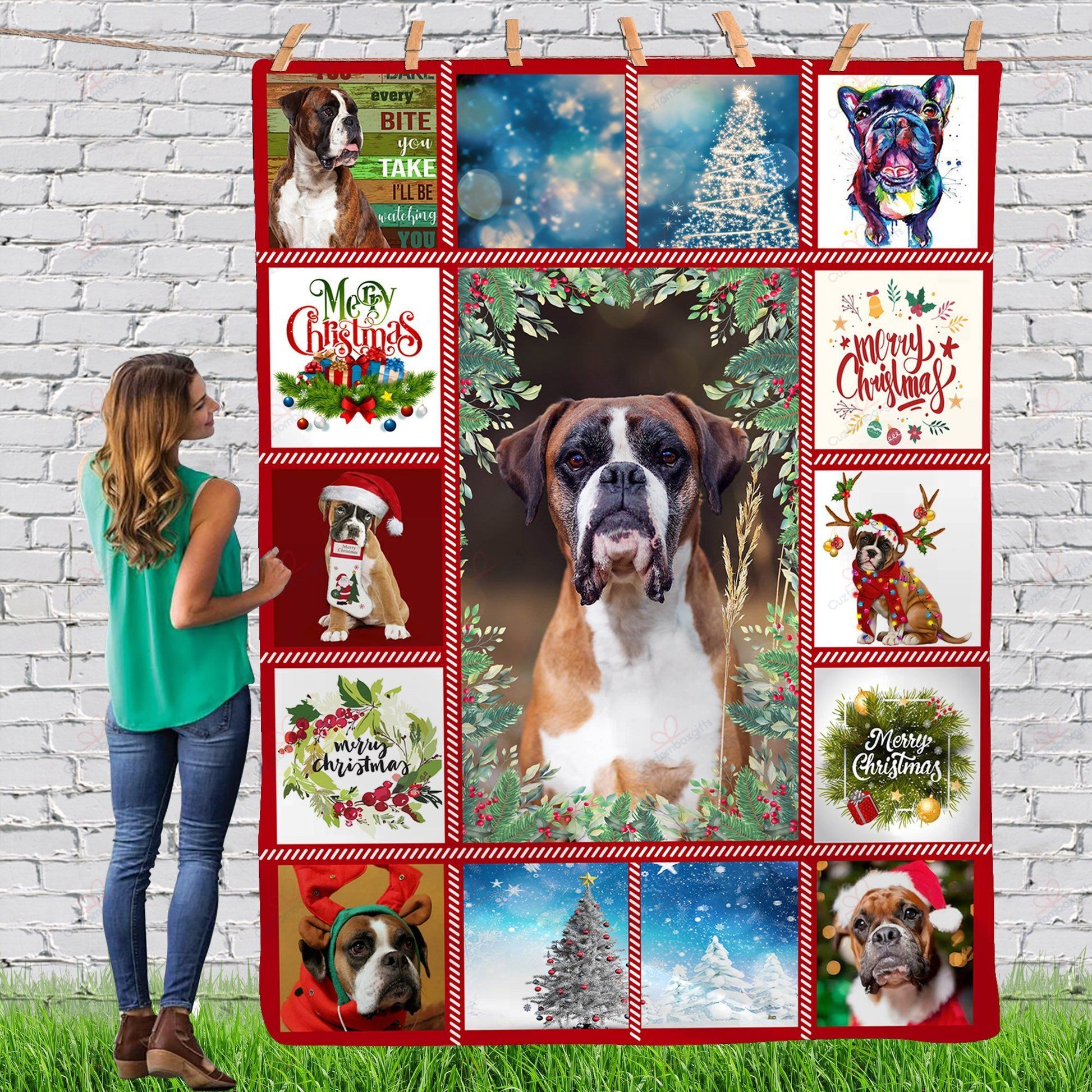 litzzy Boxer Gorgeous Merry Christmas Dog Reindeer Xmas TH0911062CL Sherpa Fleece Blanket fleece blanket   