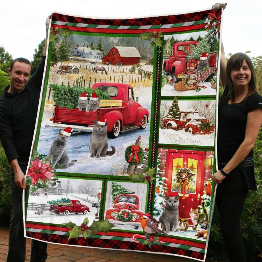 litzzy British Shorthair Red Truck Christmas CL20110308MDF Sherpa Fleece Blanket Sherpa Fleece Blanket   
