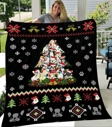 litzzy Bulldog Christmas Tree AM3010701CL Sherpa Fleece Blanket Sherpa Fleece Blanket   