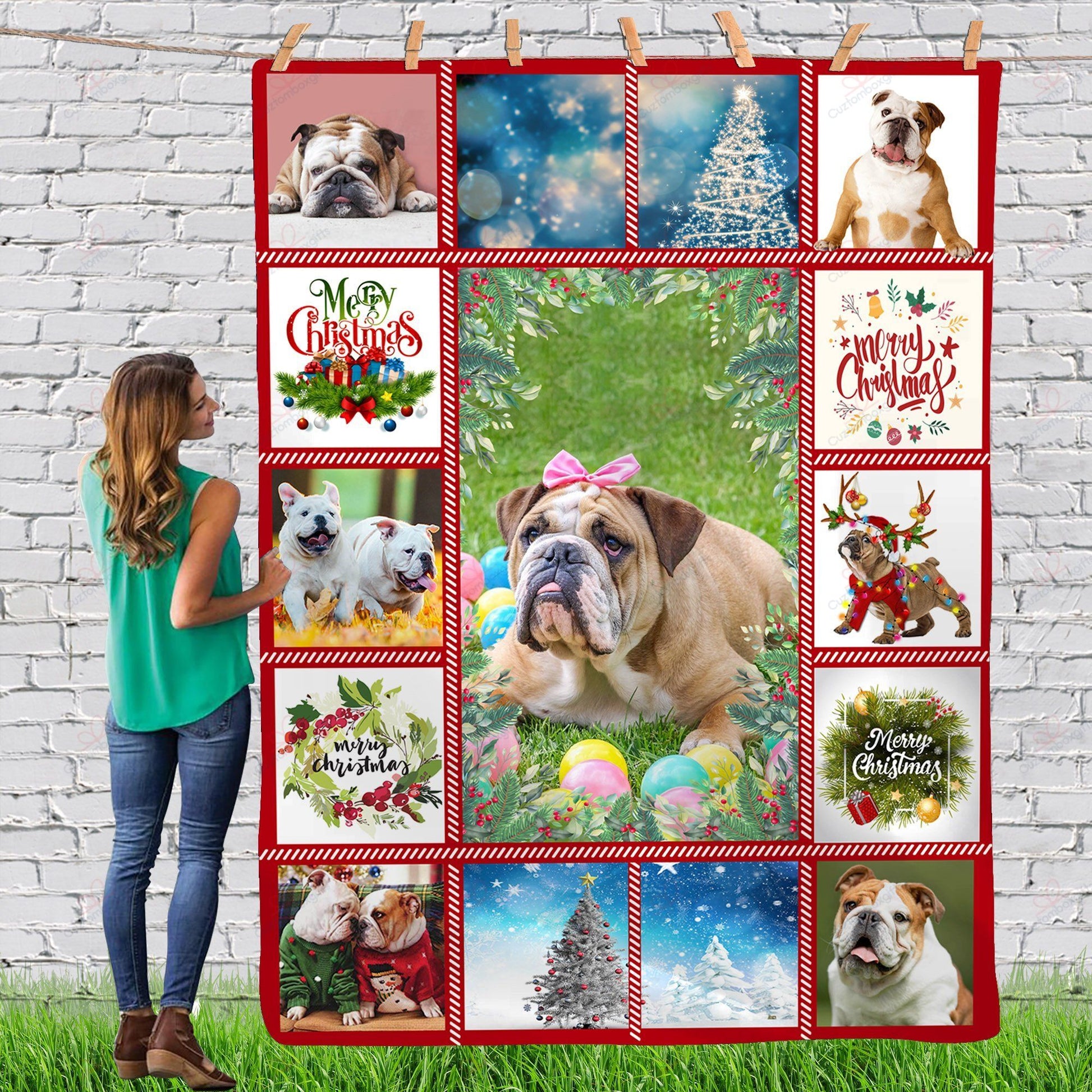 litzzy Bulldog Gorgeous Merry Christmas Dog Reindeer Xmas TH0911065CL Sherpa Fleece Blanket fleece blanket   
