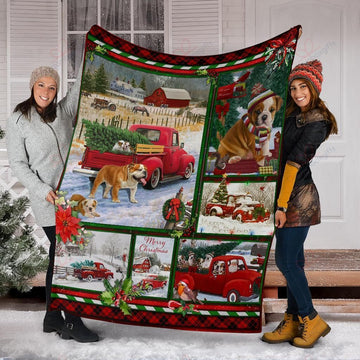 litzzy Bulldog Red Truck Christmas AM2010421CL Sherpa Fleece Blanket Sherpa Fleece Blanket   