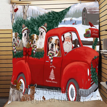 litzzy Bulldog Red Truck Christmas CL18110513MDQ Fleece Blanket Quilt Blanket   