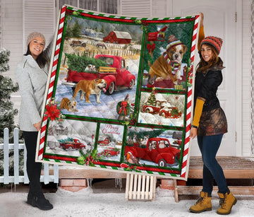litzzy Bulldog Red Truck Christmas CLH1612048Q Fleece Blanket Quilt Blanket   