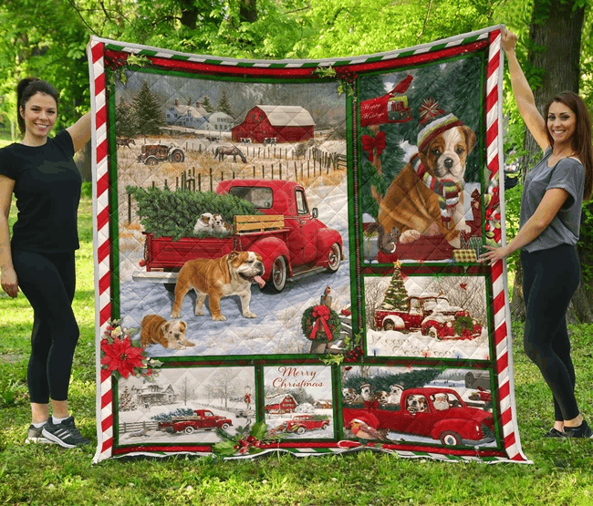 litzzy Bulldog Red Truck Christmas CLM0212032Q Fleece Blanket Quilt Blanket   