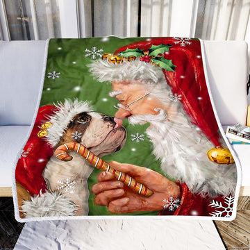 litzzy Bulldog Smile With Santa Christmas NI0110059KL Sherpa Fleece Blanket Sherpa Fleece Blanket   