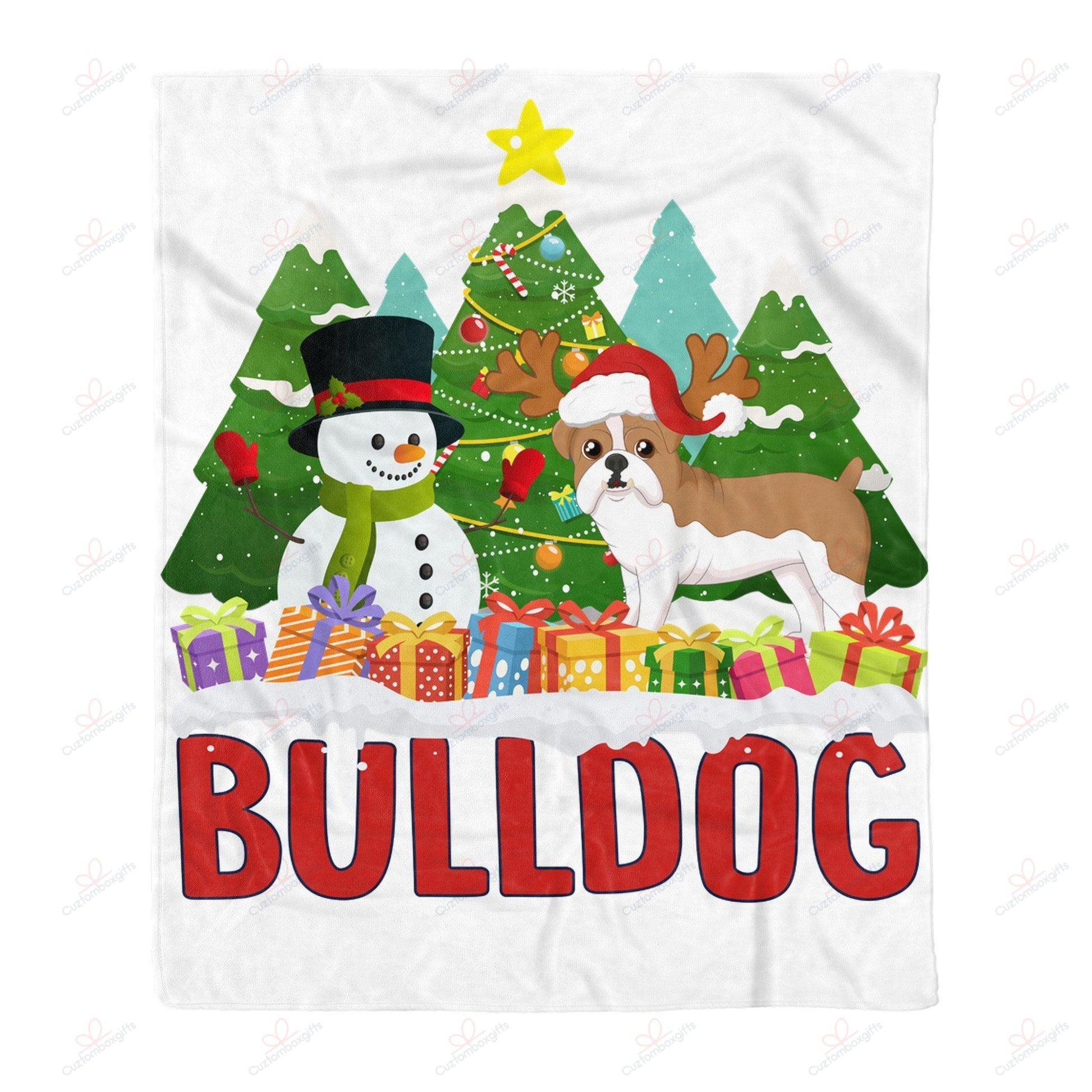 litzzy Bulldog Snowman Christmas Tree AM2410781CL Sherpa Fleece Blanket Sherpa Fleece Blanket   