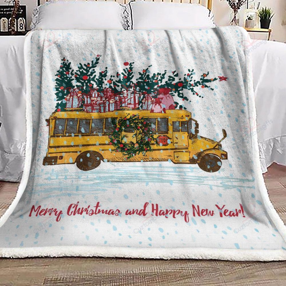 litzzy Bus Merry Christmas AM2610369CL Sherpa Fleece Blanket Sherpa Fleece Blanket   