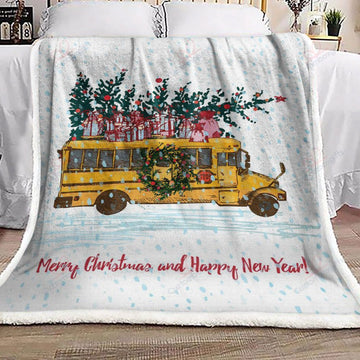 litzzy Bus Merry Christmas AM2610369CL Sherpa Fleece Blanket Sherpa Fleece Blanket   
