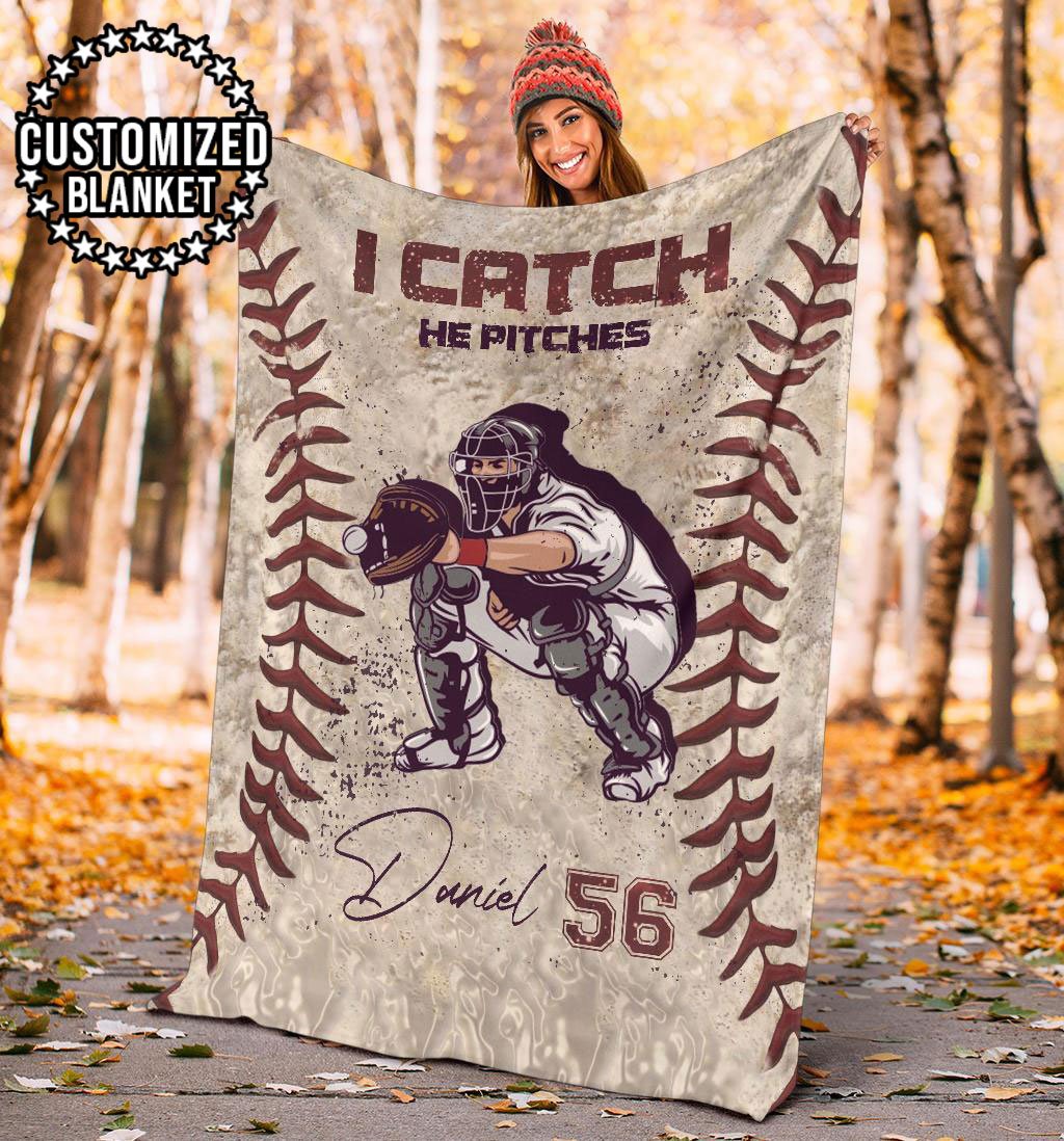 litzzy Personalized Pitcher Catcher Baseball Fleece Blanket - Lath1611203 Quilt Blanket   