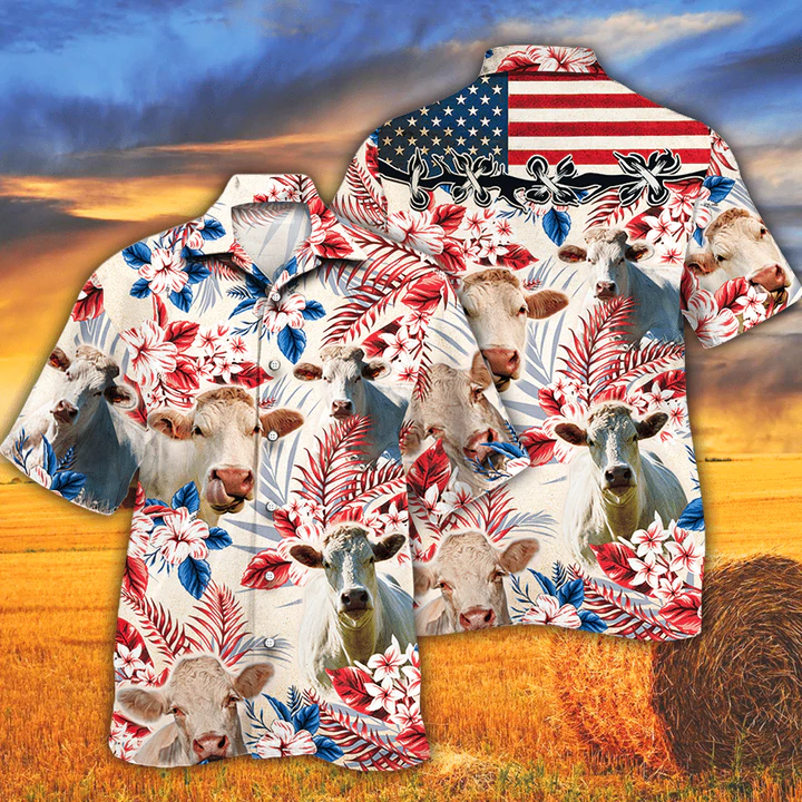 litzzy Charolais Cattle Lovers American Flag Hawaiian Shirt, Cow Flower aloha Hawaiian shirt, Cow Hawaiian shirt vintage, Hawaiian shirt men - Aloha shirt Hawaiian Hawaii Shirt For Summer Hawaii Shirt   