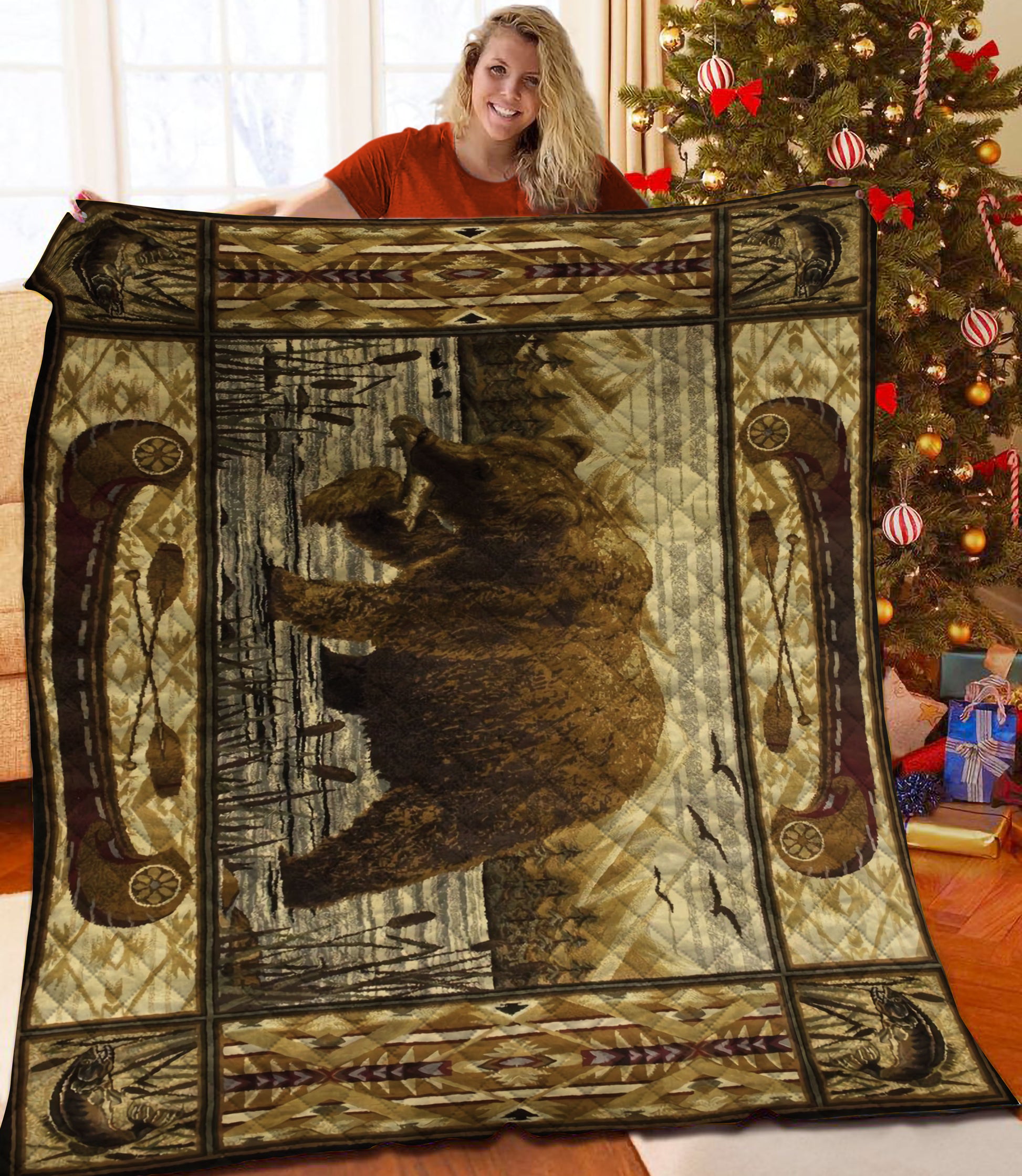 litzzy Cabin Bear Fleece Blanket HST25104993 Quilt Blanket   