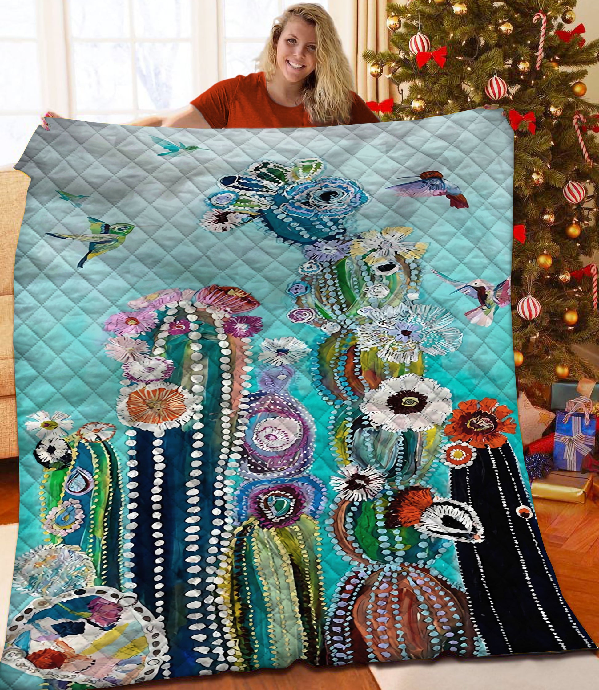 litzzy Cactus And Hummingbird Fleece Blanket HST25104996 Quilt Blanket   