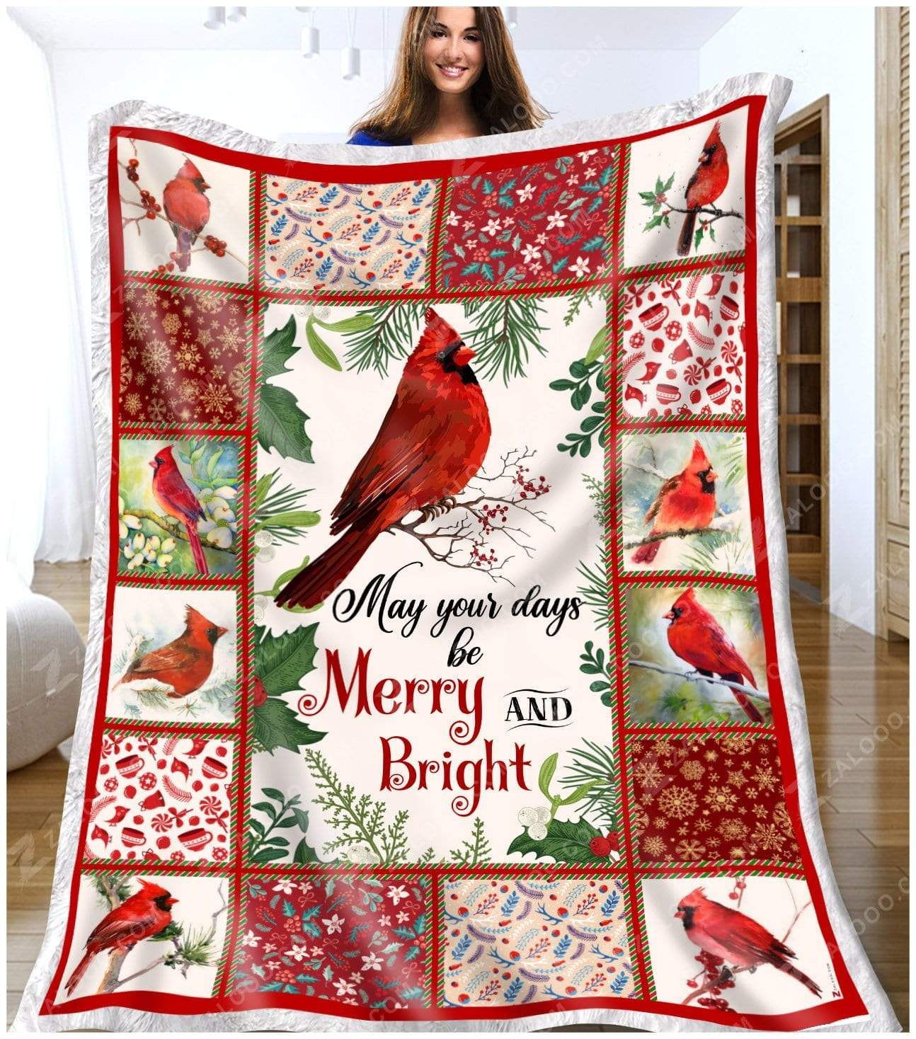 litzzy Cardinal Christmas Merry And Bright CL25110117MDF Sherpa Fleece Blanket Sherpa Fleece Blanket   