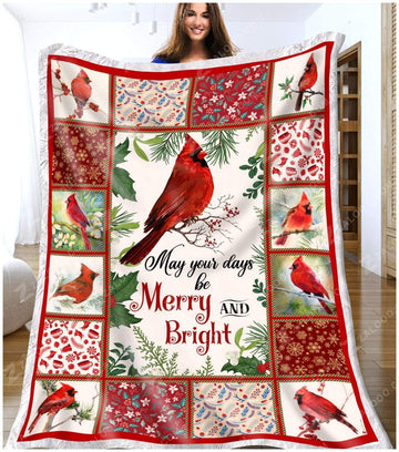 litzzy Cardinal Christmas Merry And Bright CL25110117MDF Sherpa Fleece Blanket Sherpa Fleece Blanket   
