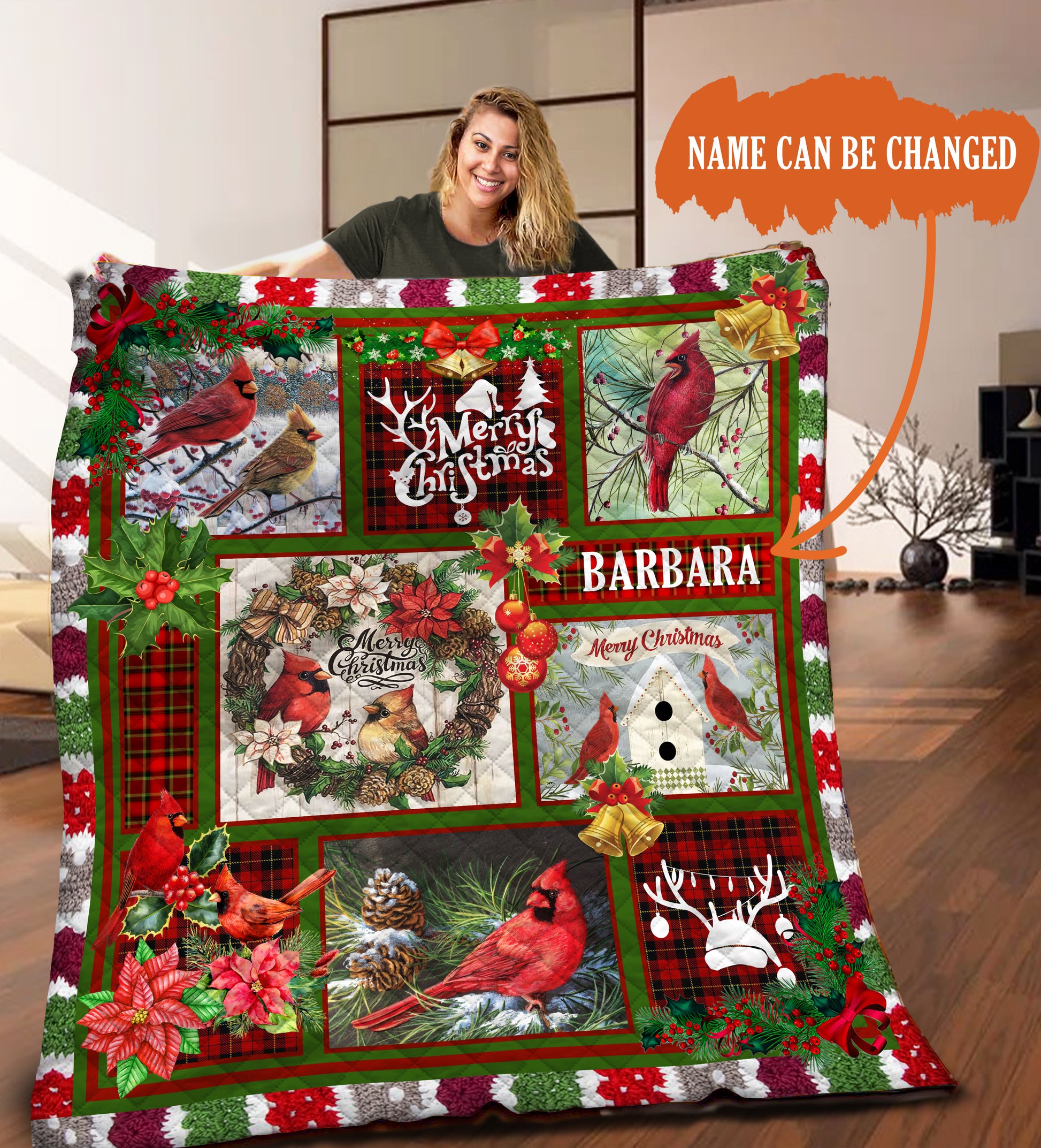litzzy Cardinal Christmas Personalized HHH131102NA Fleece Blanket Quilt Blanket   