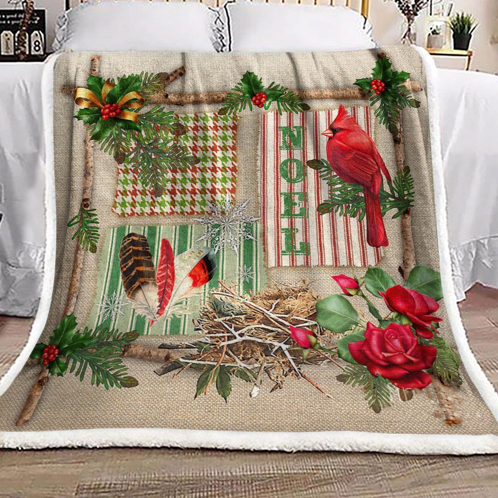 litzzy Cardinal Christmas Rose BT2310052F Sherpa Fleece Blanket Sherpa Fleece Blanket   