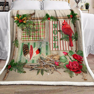 litzzy Cardinal Christmas Rose BT2310052F Sherpa Fleece Blanket Sherpa Fleece Blanket   