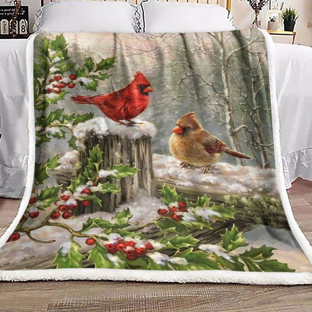 litzzy Cardinal Snow Christmas BT111030F Sherpa Fleece Blanket Sherpa Fleece Blanket   