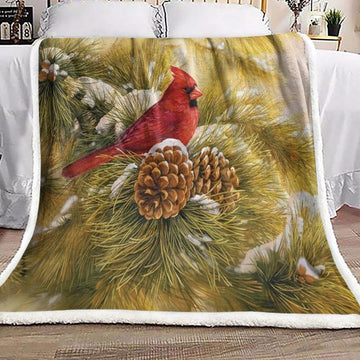 litzzy Cardinal Snow Christmas Pine BT111031F Sherpa Fleece Blanket Sherpa Fleece Blanket   