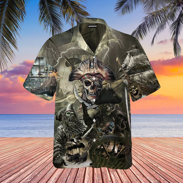litzzy Caribbean Skull Pirate Ghost Ship Hawaiian Shirt - Aloha shirt Hawaiian Hawaii Shirt For Summer Hawaii Shirt   