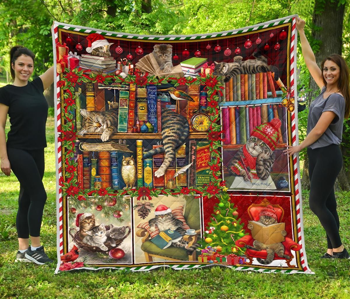 litzzy Cat And Books Christmas CL05120070MDQ Fleece Blanket Quilt Blanket   