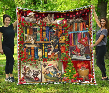 litzzy Cat And Books Christmas CL05120070MDQ Fleece Blanket Quilt Blanket   