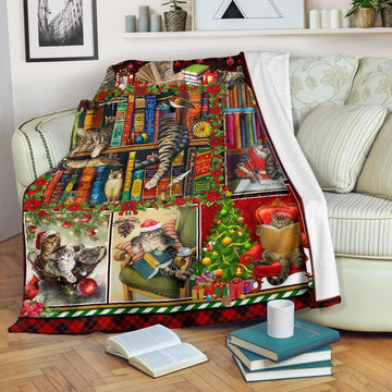litzzy Cat And Books Christmas CLH1612040F Sherpa Fleece Blanket Sherpa Fleece Blanket   