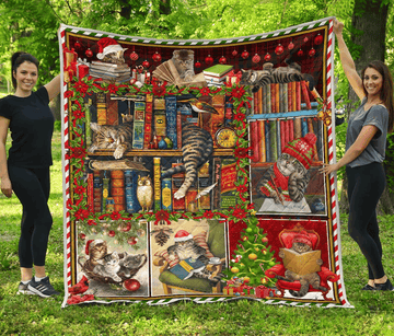 litzzy Cat And Books Christmas CLM0212051Q Fleece Blanket Quilt Blanket   