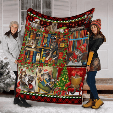 litzzy Cat And Books Christmas CLM02120605S Sherpa Fleece Blanket Sherpa Fleece Blanket   