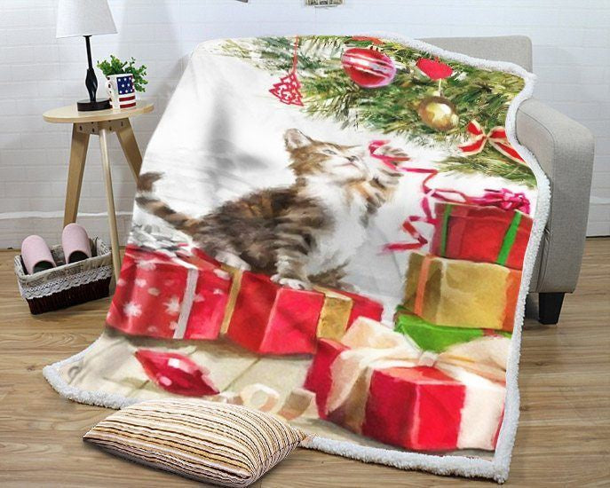 litzzy Cat And Christmas GS KL1010 Sherpa Fleece Blanket Sherpa Fleece Blanket   
